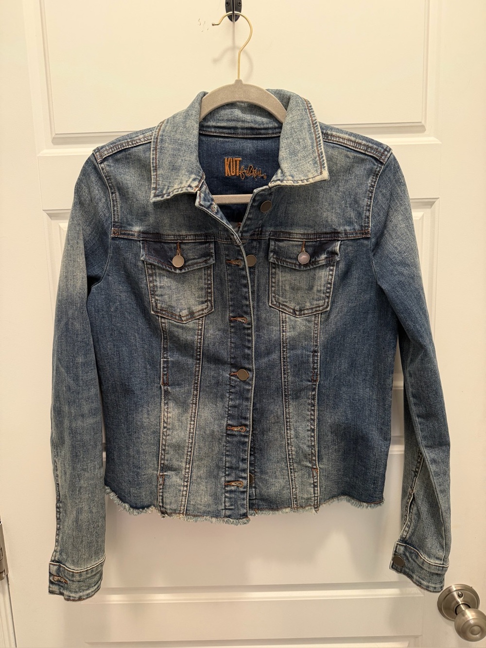 Kut from the Kloth Faded Blue Denim Jacket with Distressed Hem